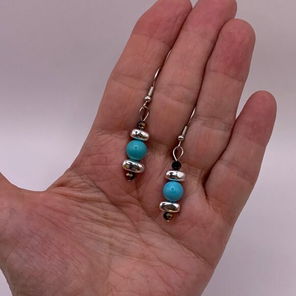 Turquoise & Silver Hematite & Crystals Handmade Pierced Earrings LR125 - Picture 3 of 3